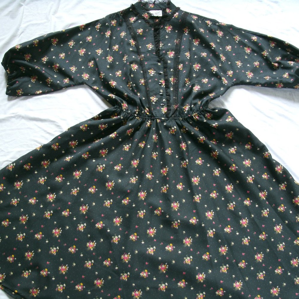 Vintage Leslie Fay for Lord and Taylor Dress Black Ditsy Floral Cottagecore 12